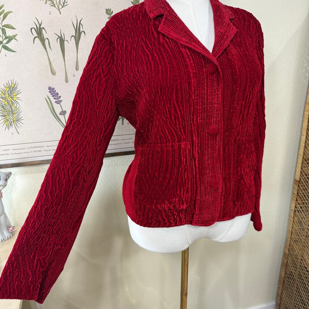 Vintage 90s Y2k Red Crinkle Velvet Collared Blazer Jacket Vampire Whimsigoth S - Picture 4 of 9